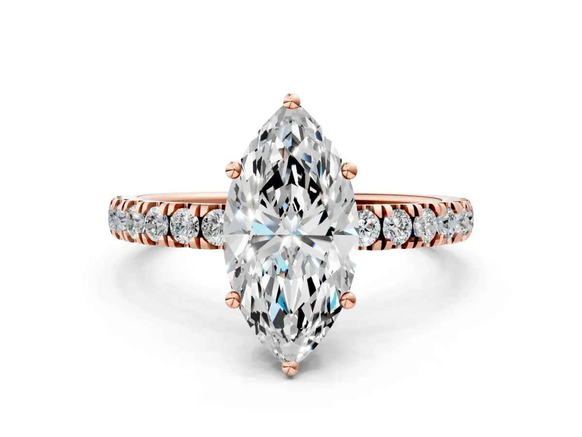 Marquise Cut Diamond Pave Band Solitaire Ring with Round and Prong Setting Rose gold