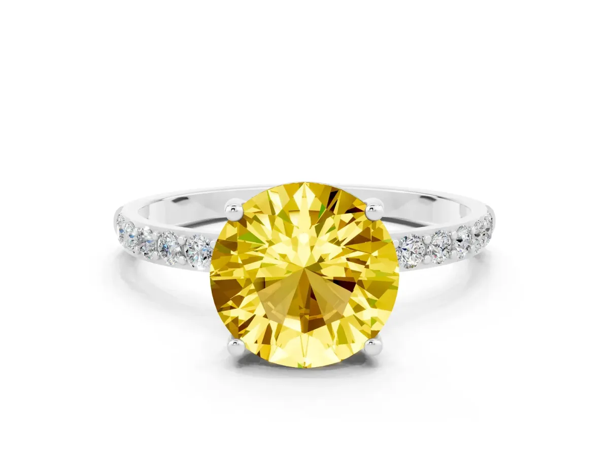 Round Cut Yellow Sapphire Solitaire Ring with Round Pavé Band and Prong Setting Platinum