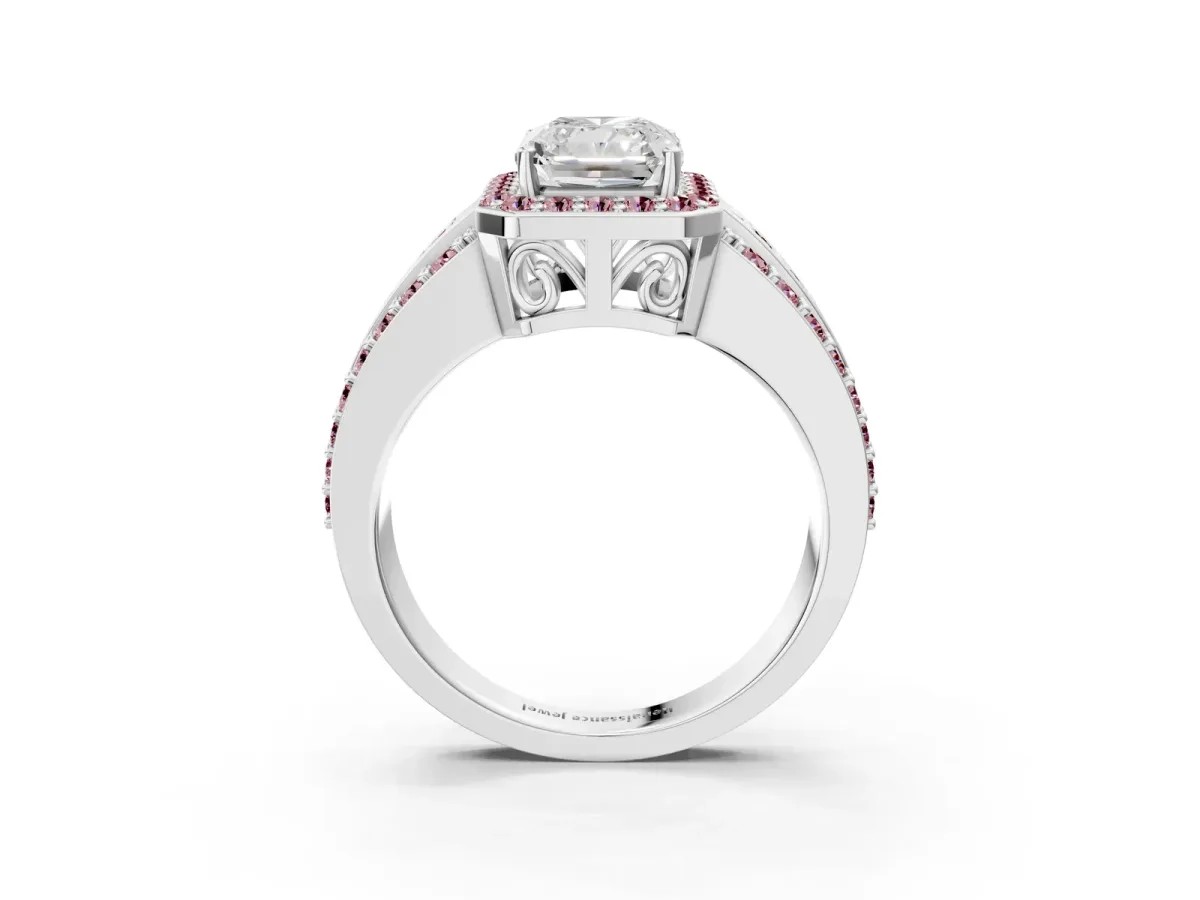 Radiant Cut Halo Diamond Ring with Round Morganite Split Shank and Prong Setting Platinum