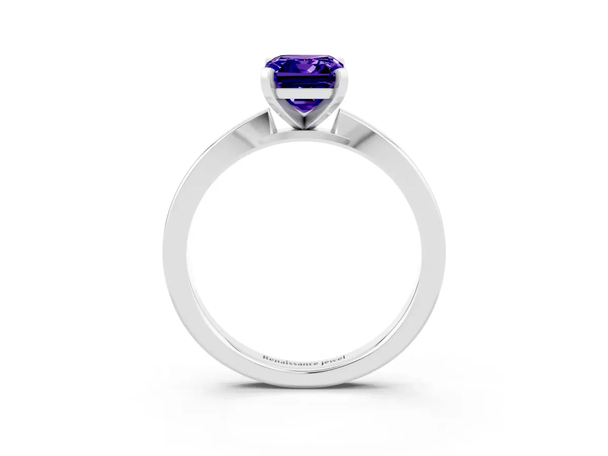 Emerald Cut Tanzanite Solitaire Engagement Ring with Classic Band and Four-Prong Setting White gold