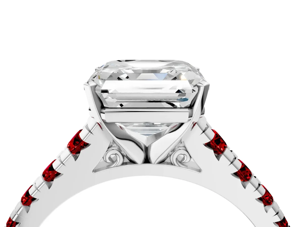 Asscher Cut Diamond Cathedral Solitaire Ring with Round Ruby Pavé Band White gold