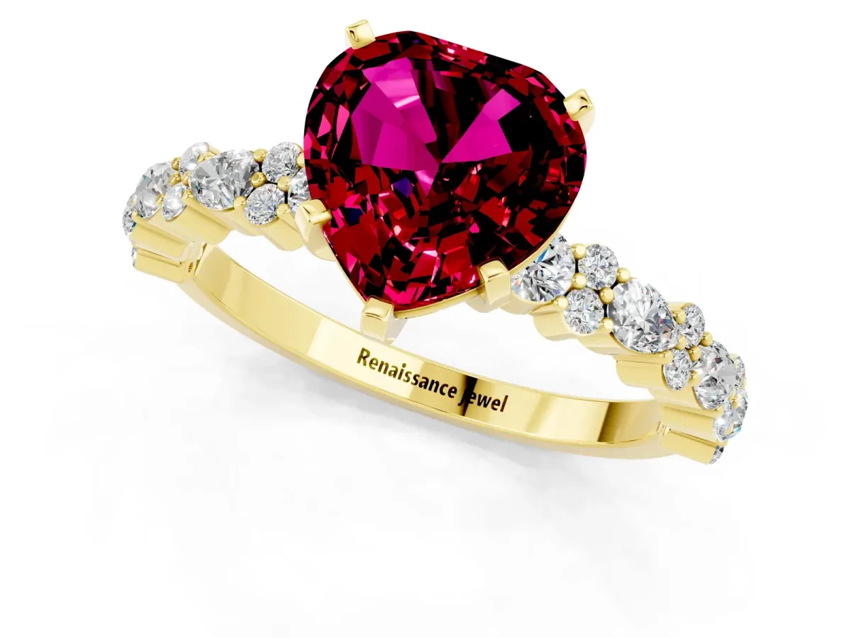 Heart Cut Garnet Side Stone Solitaire Ring with Round and Four-Prong Setting Yellow gold