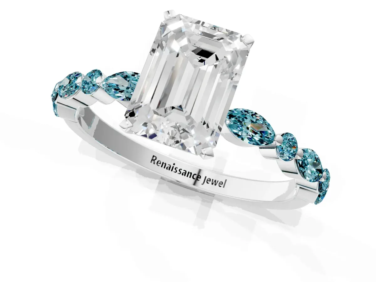 Emerald Cut Diamond Ring with Marquise and Round Blue Topaz Side Stones and Four-Prong Setting Silver
