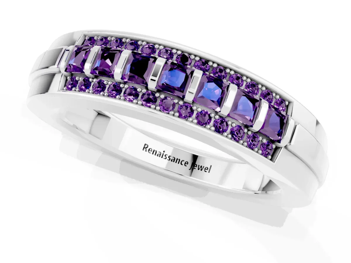 Bar-Set Princess Cut Amethyst Pavé Band Silver
