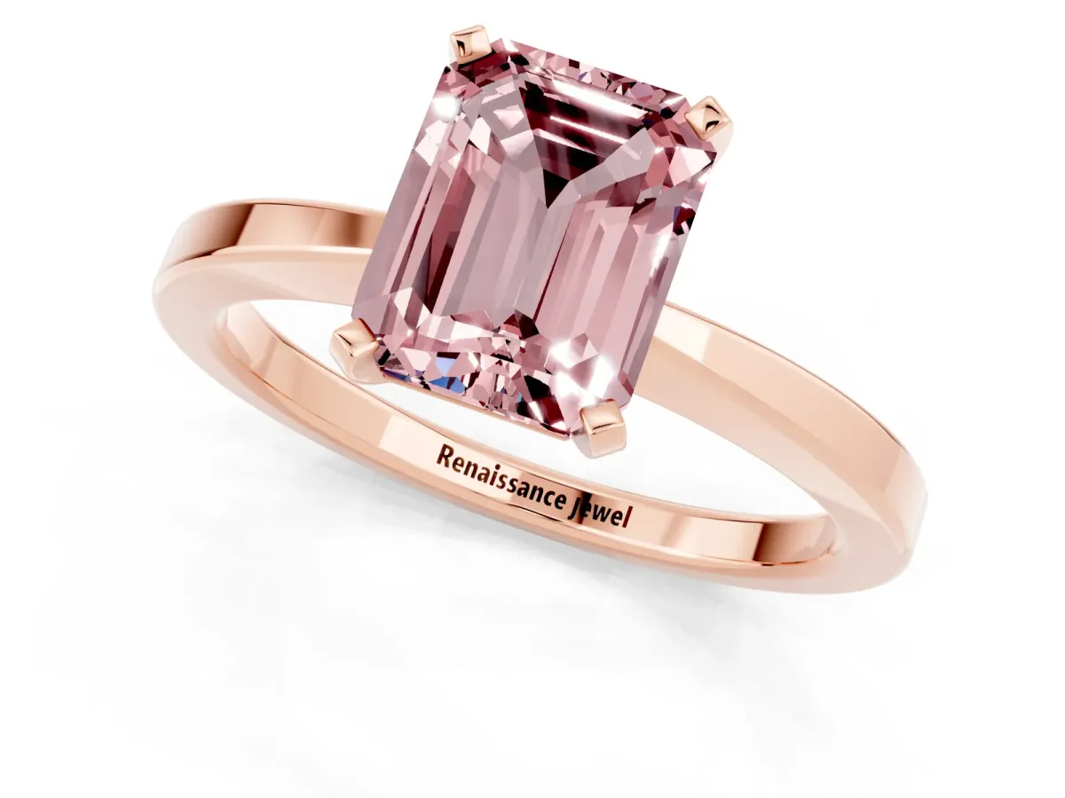 Emerald Cut Morganite Solitaire Engagement Ring with Classic Band and Four-Prong Setting Rose gold
