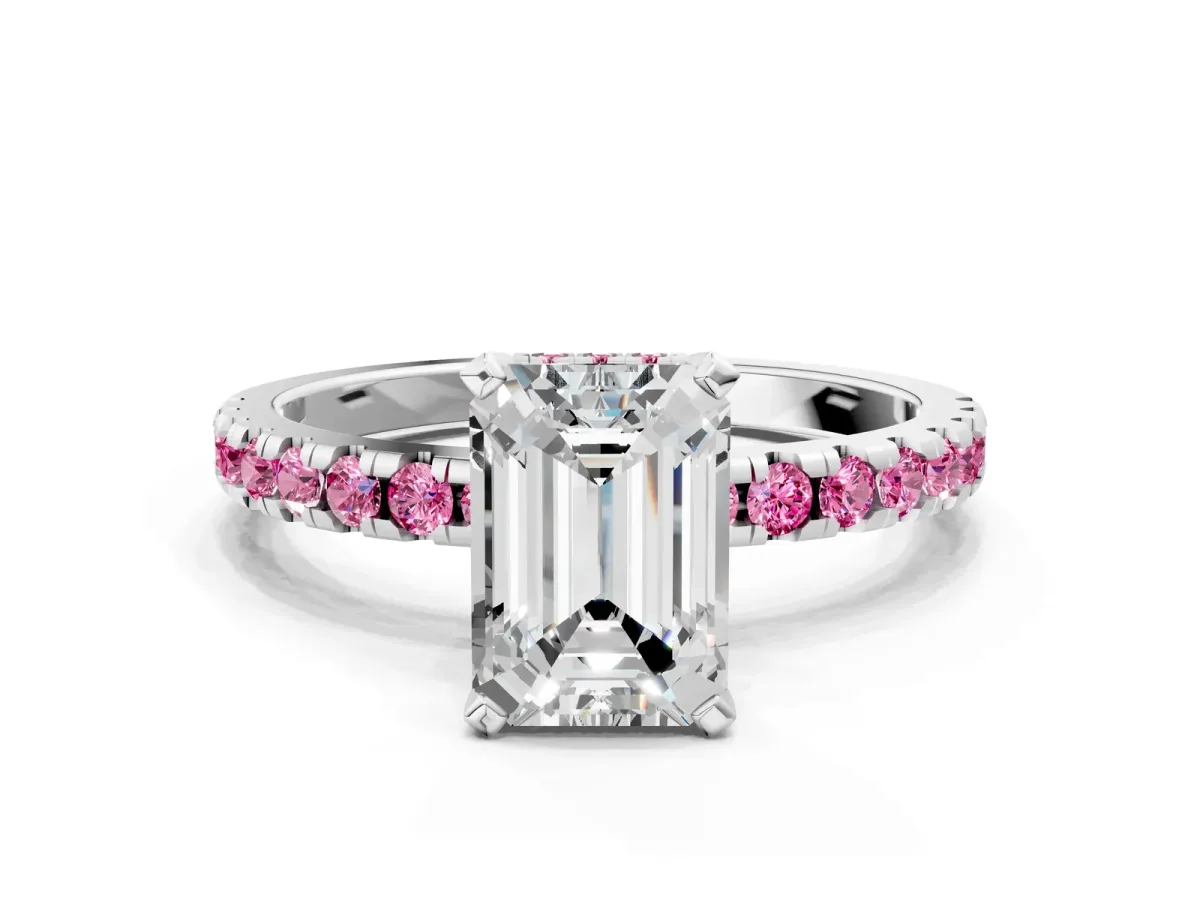 Emerald Cut Diamond Solitaire Ring with Round Pink Sapphire Pavé Band and Four-Prong Setting Platinum