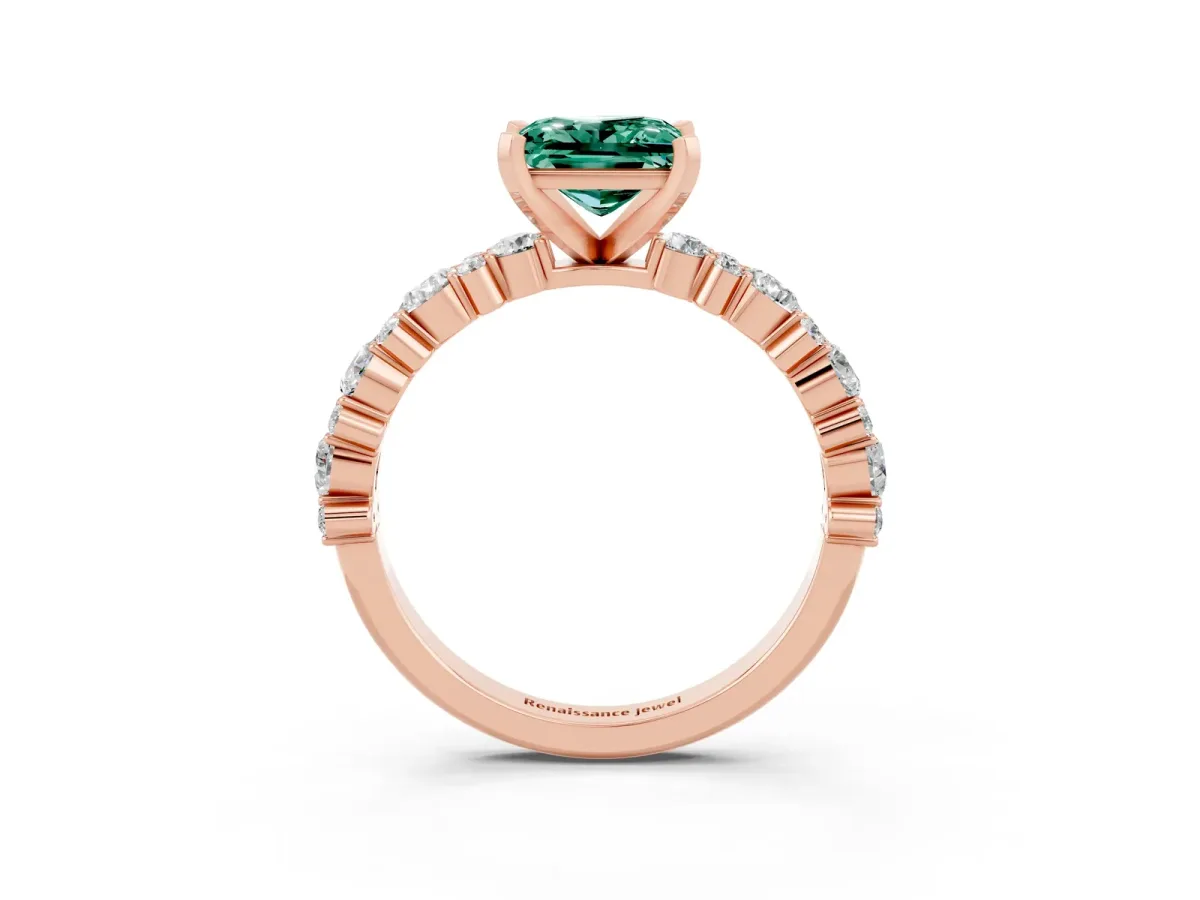 Princess Cut Green Sapphire Side Stone Solitaire Ring with Round and Four-Prong Setting Rose gold