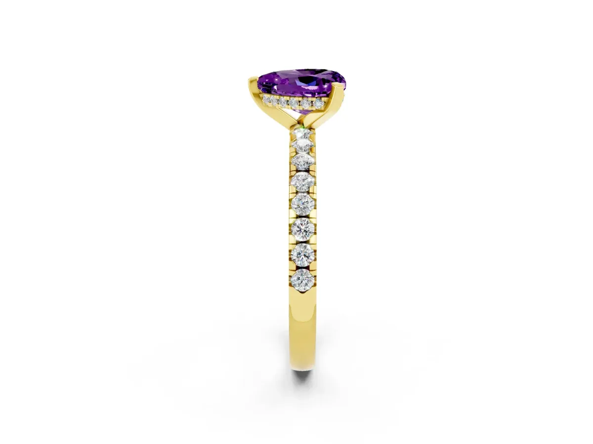 Heart Cut Amethyst Solitaire Ring with Round Pavé Band and Four-Prong Setting Yellow gold