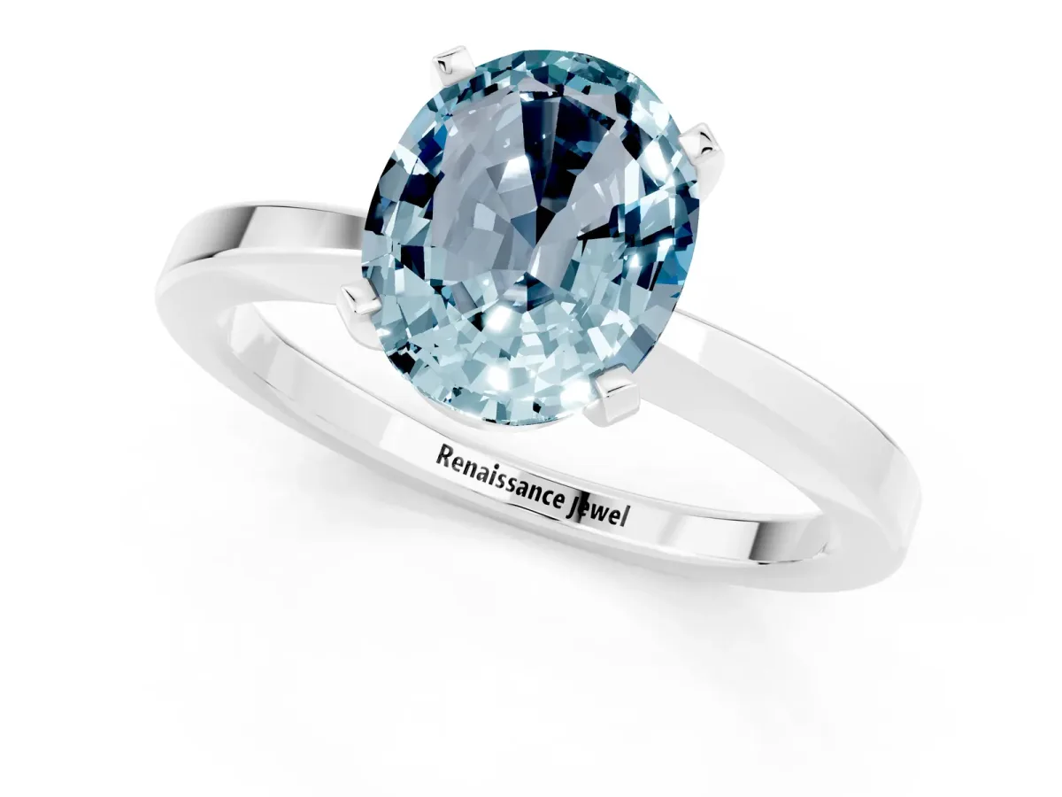 Oval Cut Aquamarine Solitaire Engagement Ring with Classic Band and Four-Prong Setting Platinum