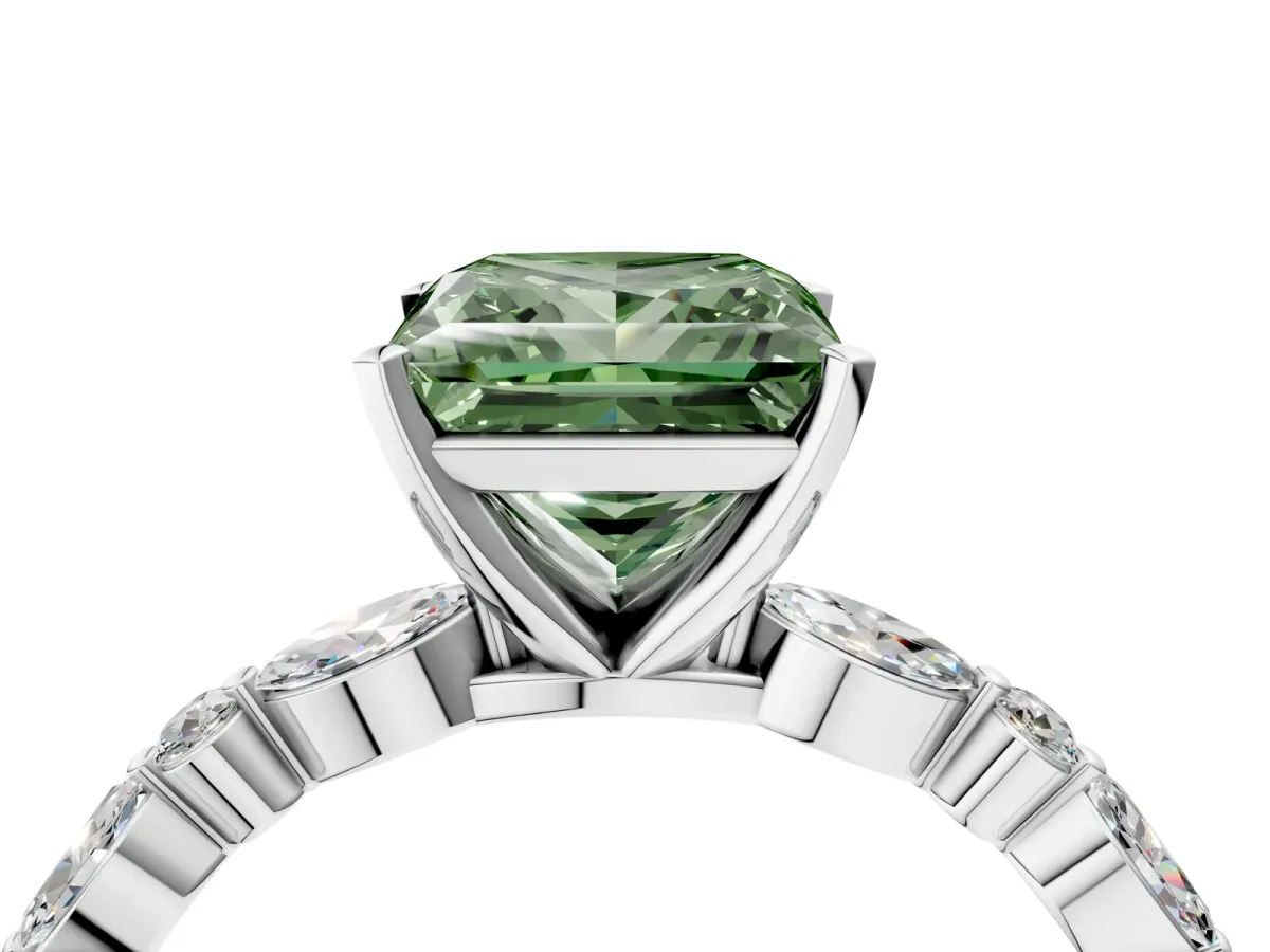 Fancy Green Princess Cut Diamond Ring with Marquise and Round Side Stones and Four-Prong Setting Silver