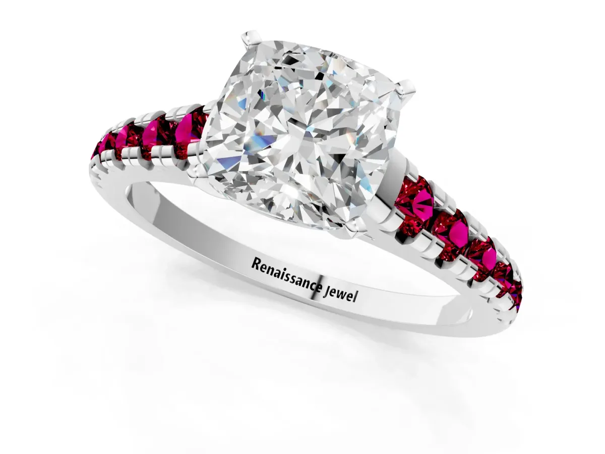 Cushion Cut Diamond Cathedral Solitaire Ring with Round Garnet Pavé Band Platinum