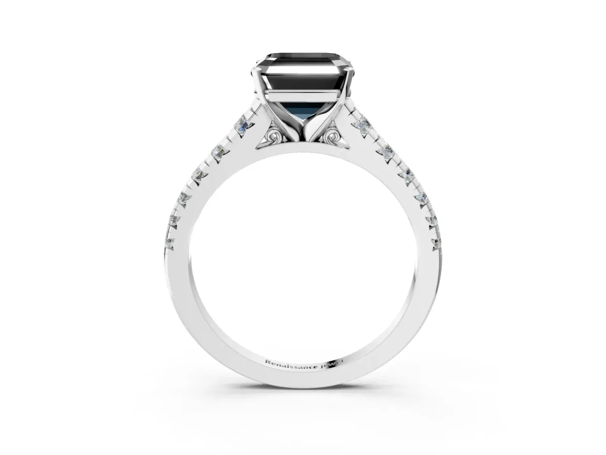 Fancy Black Asscher Cut Diamond Cathedral Solitaire Ring with Round Pavé Band White gold