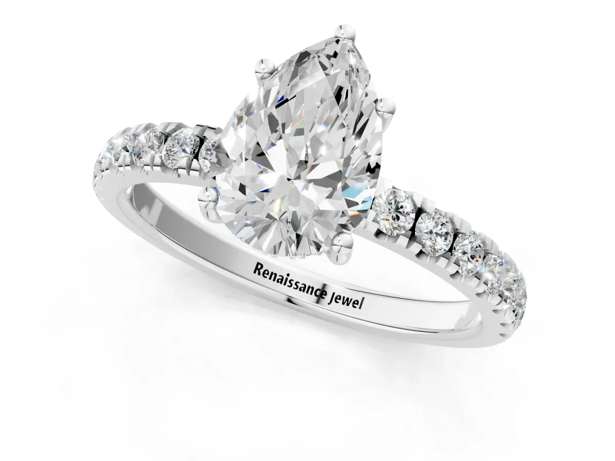 Pear Cut Diamond Pave Band Solitaire Ring with Round and Prong Setting White gold
