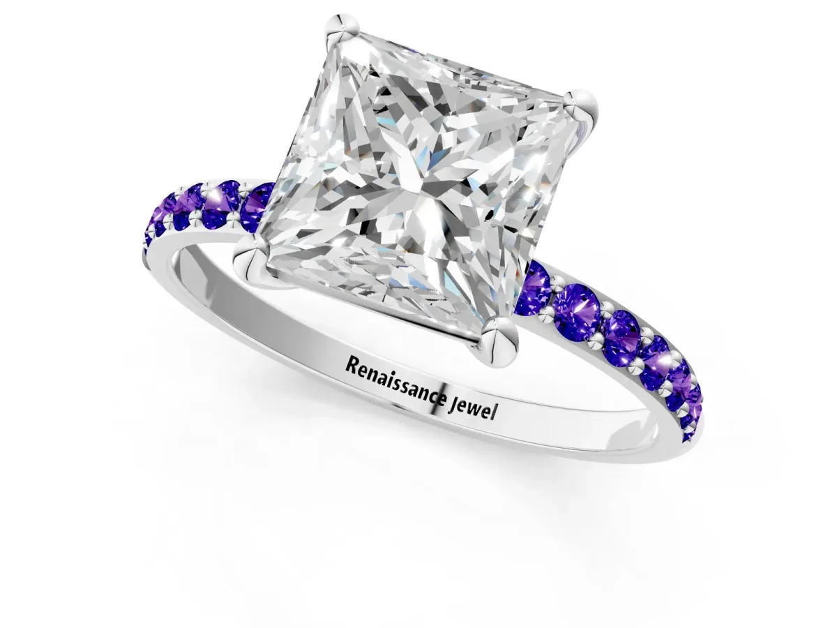 Princess Cut Diamond Solitaire Ring with Round Tanzanite Pavé Band and Prong Setting Silver