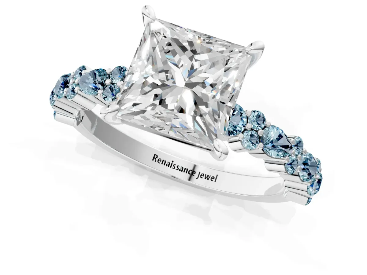 Princess Cut Diamond Side Stone Solitaire Ring with Round Aquamarine and Four-Prong Setting Platinum
