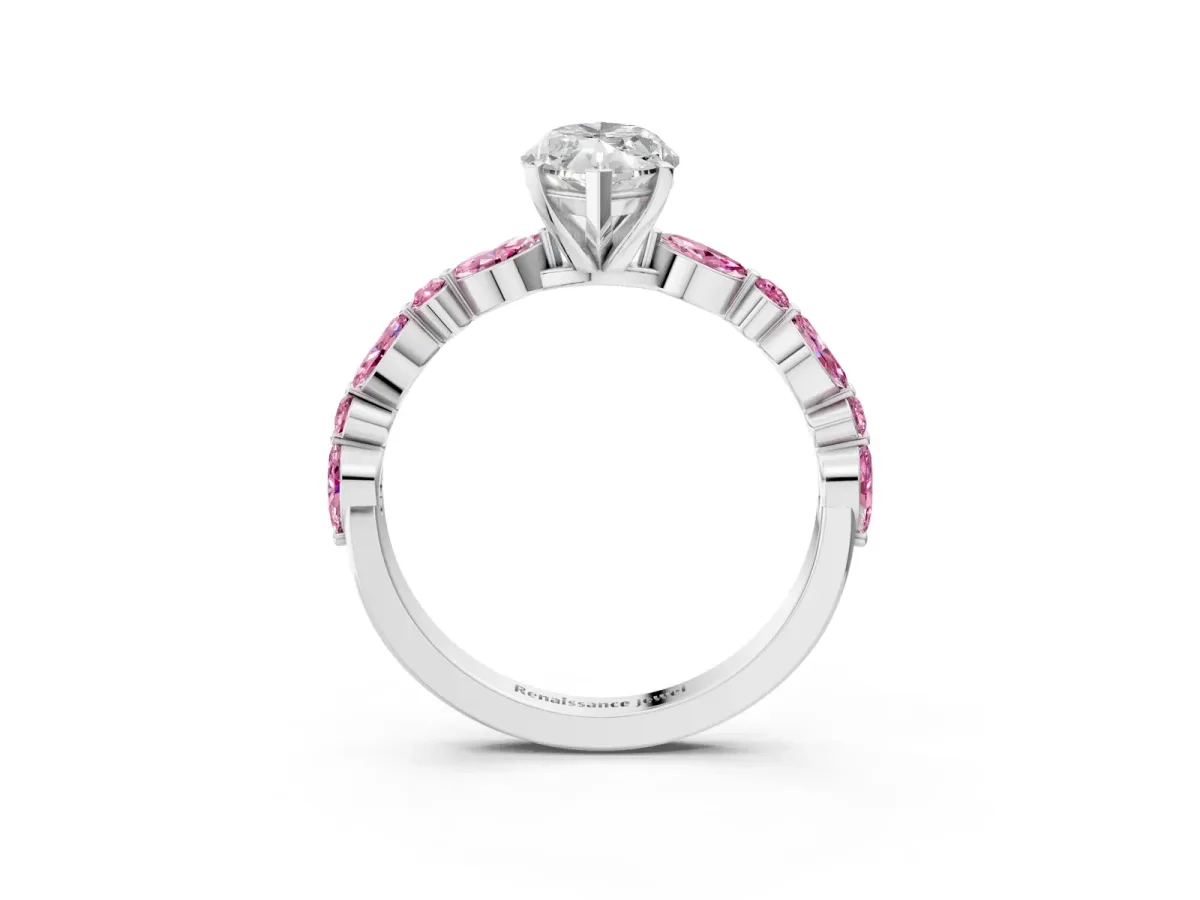Marquise Cut Diamond Ring with Marquise and Round Pink Sapphire Side Stones and Four-Prong Setting Silver