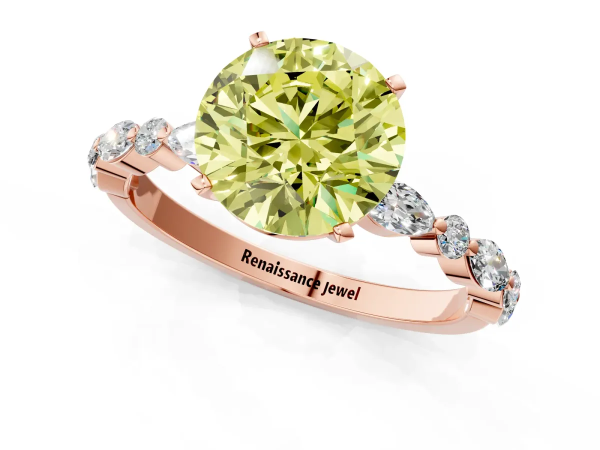Fancy Yellow Round Cut Diamond Ring with Marquise and Round Side Stones and Four-Prong Setting Rose gold