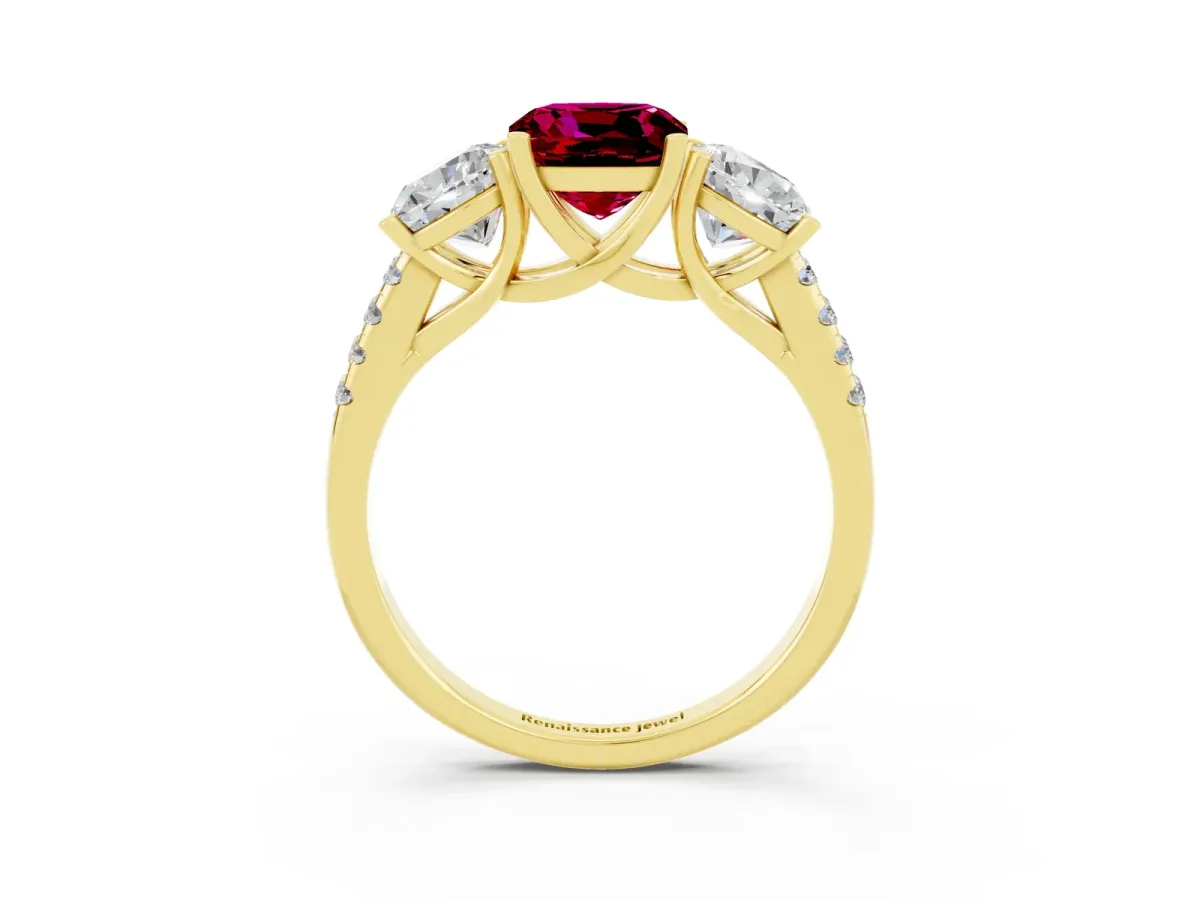 Three-Stone Cushion Cut Garnet Ring with Round Pavé Band and Prong Setting Yellow gold