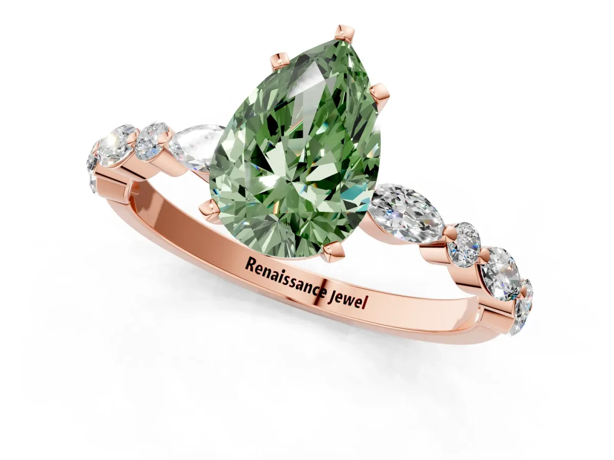 Fancy Green Pear Cut Diamond Ring with Marquise and Round Side Stones and Four-Prong Setting Rose gold