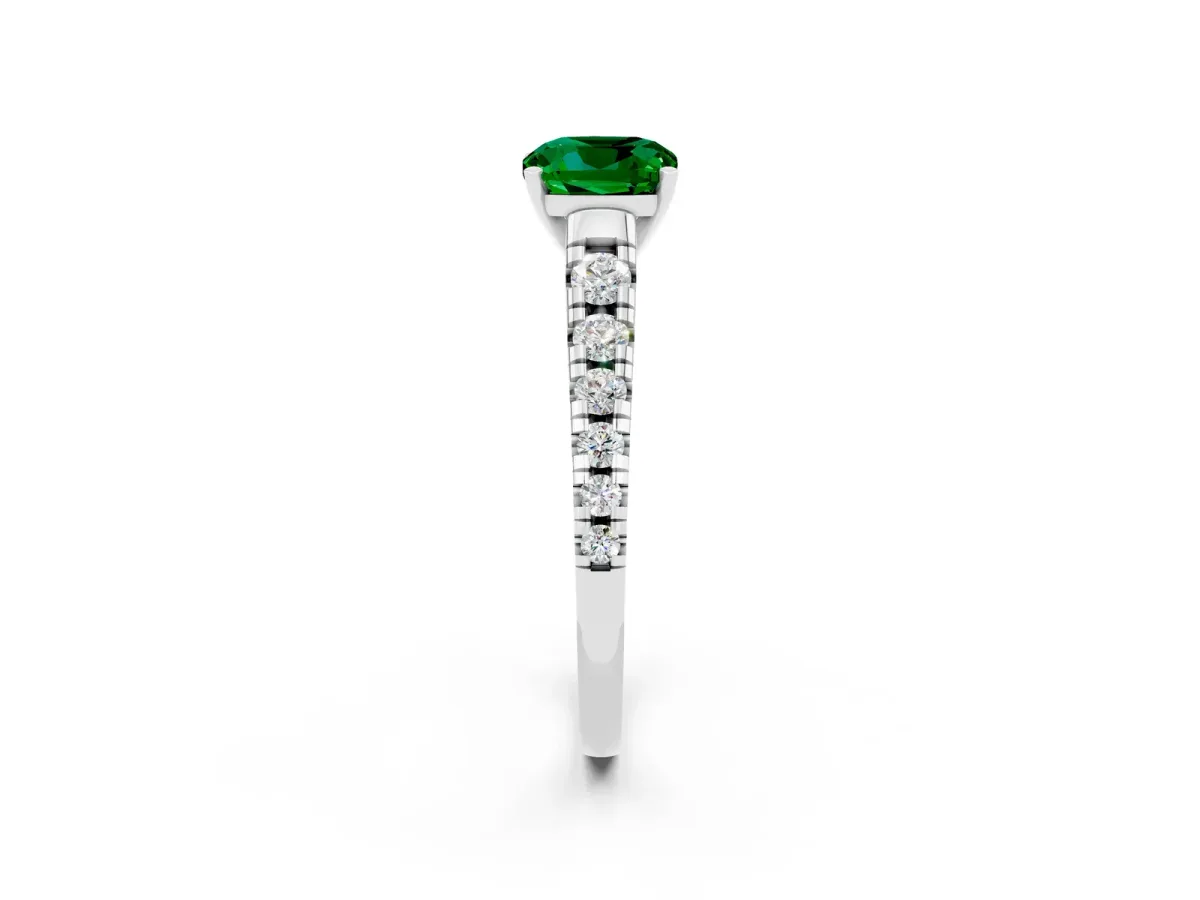 Cushion Cut Emerald Cathedral Solitaire Ring with Round Pavé Band Platinum