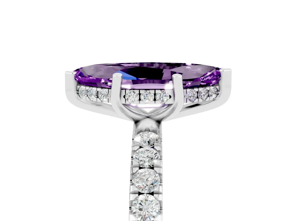 Marquise Cut Amethyst Pave Band Solitaire Ring with Round and Prong Setting Platinum