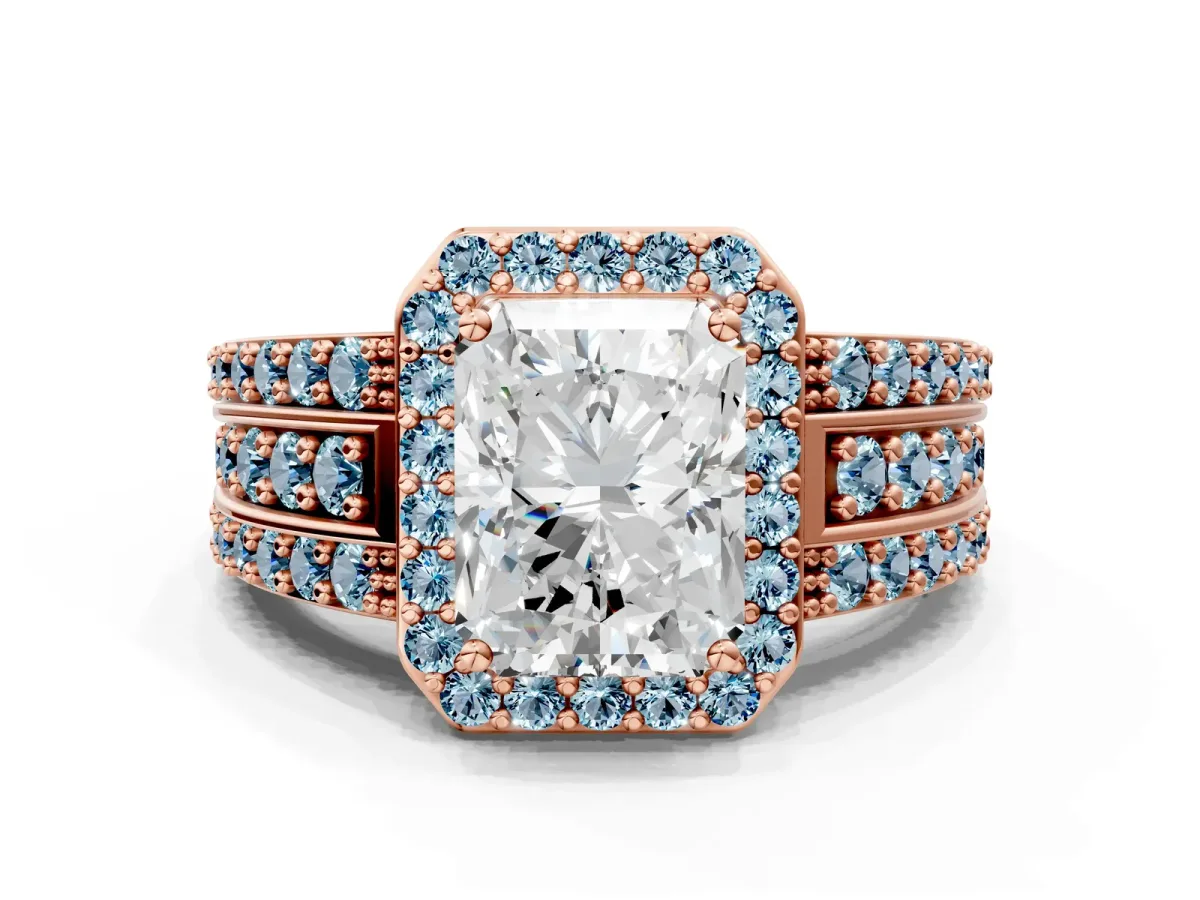 Radiant Cut Halo Diamond Ring with Round Aquamarine Split Shank and Prong Setting Rose gold