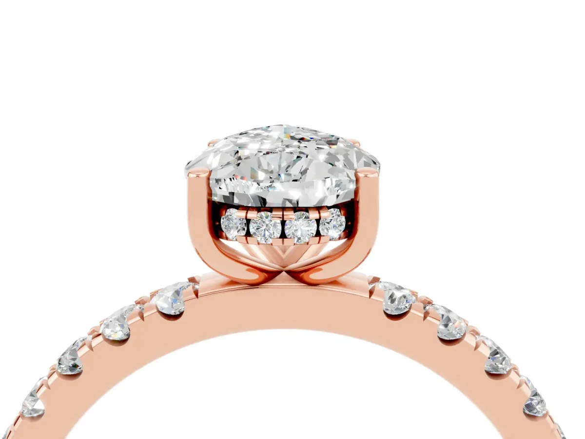 Pear Cut Moissanite Pave Band Solitaire Ring with Round and Prong Setting Rose gold