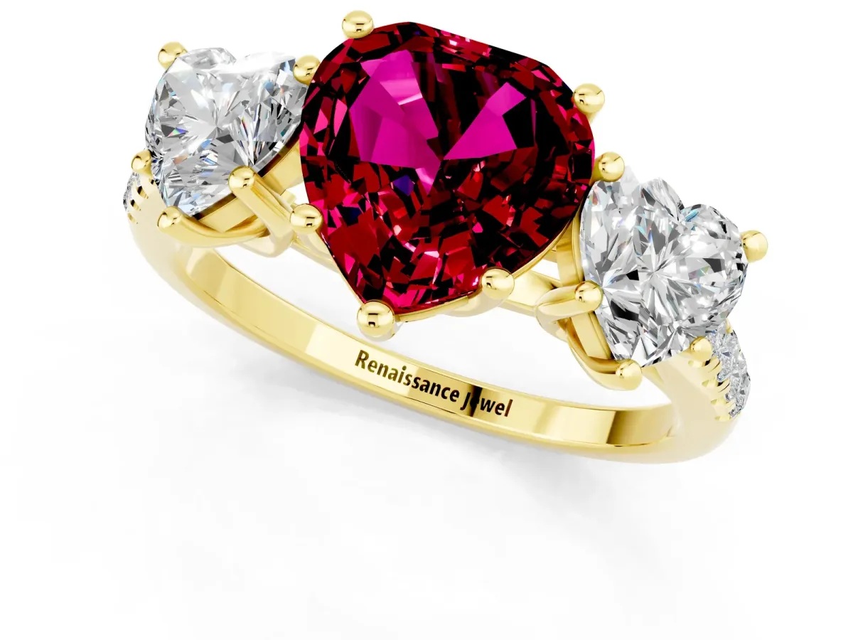 Three-Stone Heart Cut Garnet Ring with Round Pavé Band and Prong Setting Yellow gold