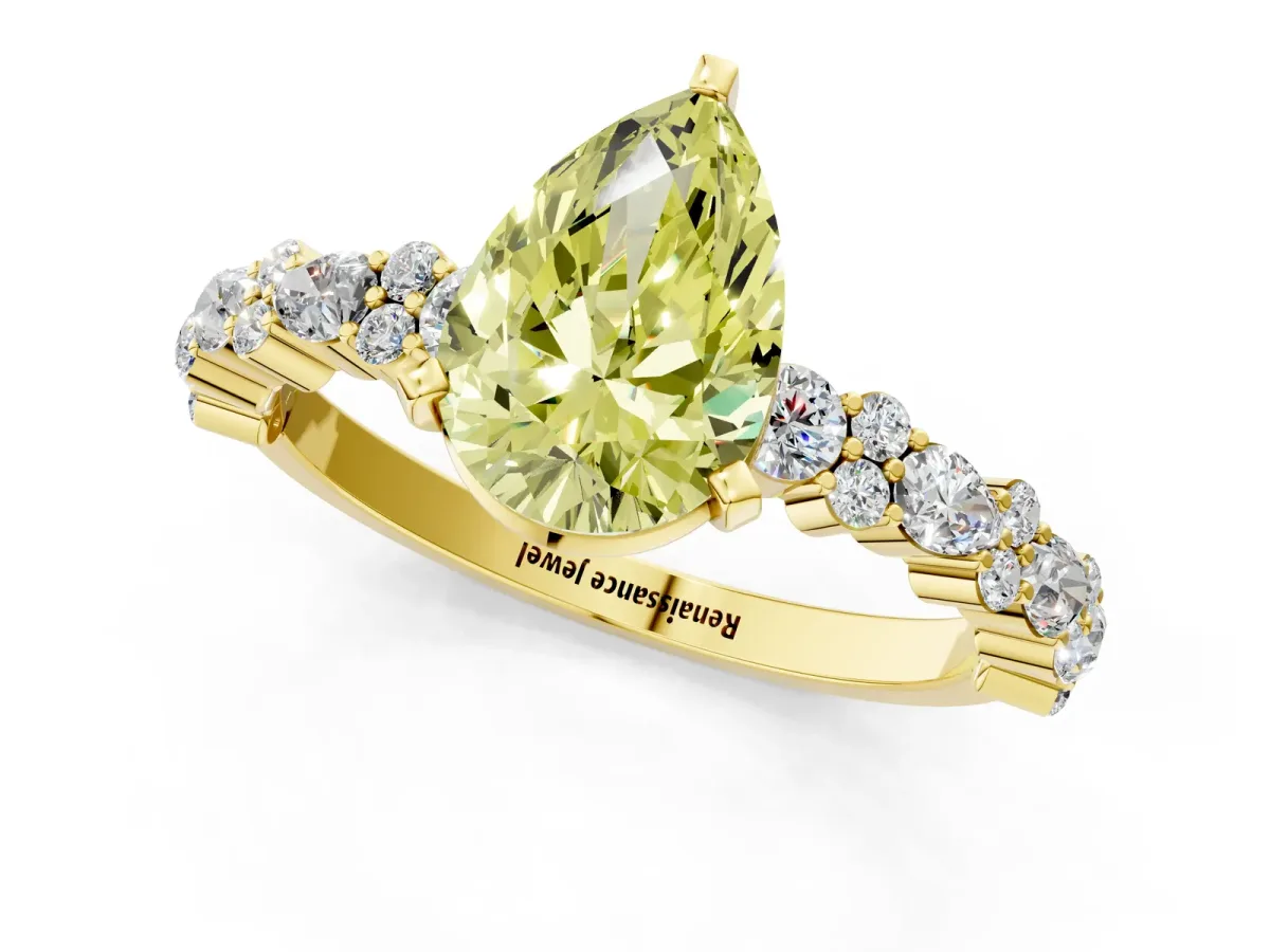 Fancy Yellow Pear Cut Diamond Side Stone Solitaire Ring with Round and Four-Prong Setting Yellow gold