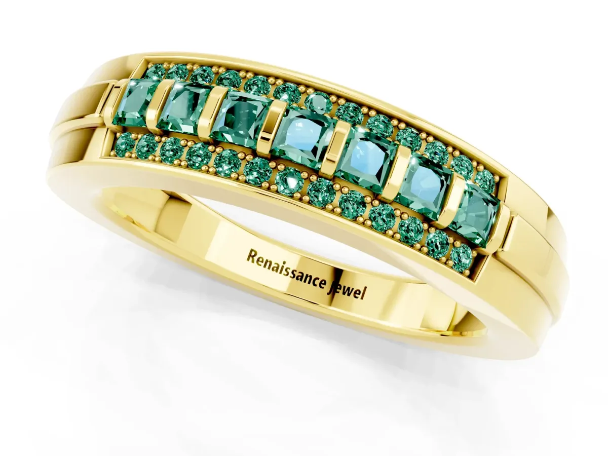 Bar-Set Princess Cut Green Sapphire Pavé Band Yellow gold