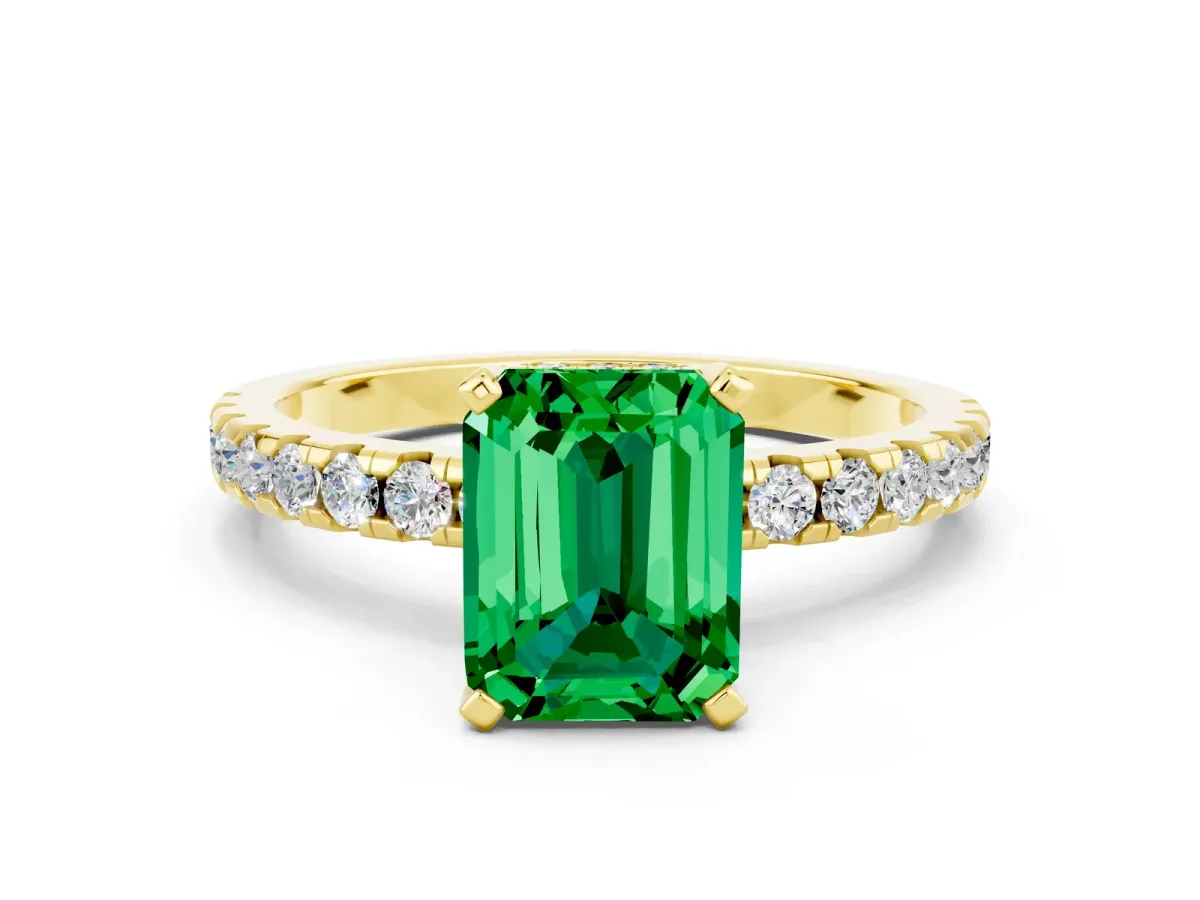 Emerald Cut Emerald Solitaire Ring with Round Pavé Band and Four-Prong Setting Yellow gold