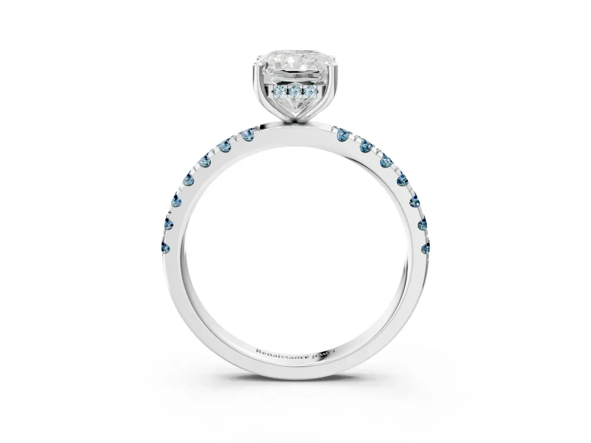 Radiant Cut Diamond Pave Band Solitaire Ring with Round Aquamarine and Prong Setting Silver