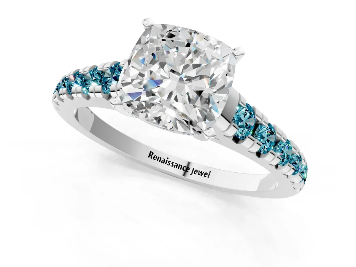 Cushion Cut Diamond Cathedral Solitaire Ring with Round Blue Topaz Pavé Band Platinum