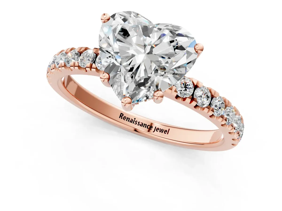 Heart Cut Diamond Pave Band Solitaire Ring with Round and Prong Setting Rose gold