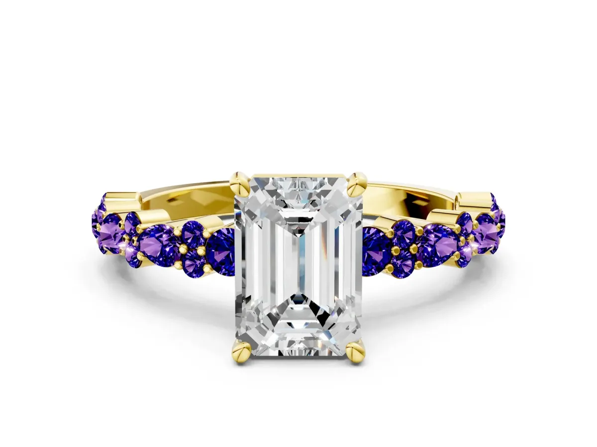 Emerald Cut Diamond Side Stone Solitaire Ring with Round Tanzanite and Four-Prong Setting Yellow gold