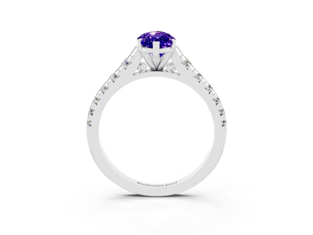 Marquise Cut Tanzanite Cathedral Solitaire Ring with Round Pavé Band Platinum