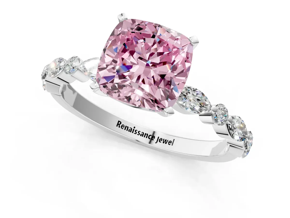 Fancy Pink Cushion Cut Diamond Ring with Marquise and Round Side Stones and Four-Prong Setting Silver