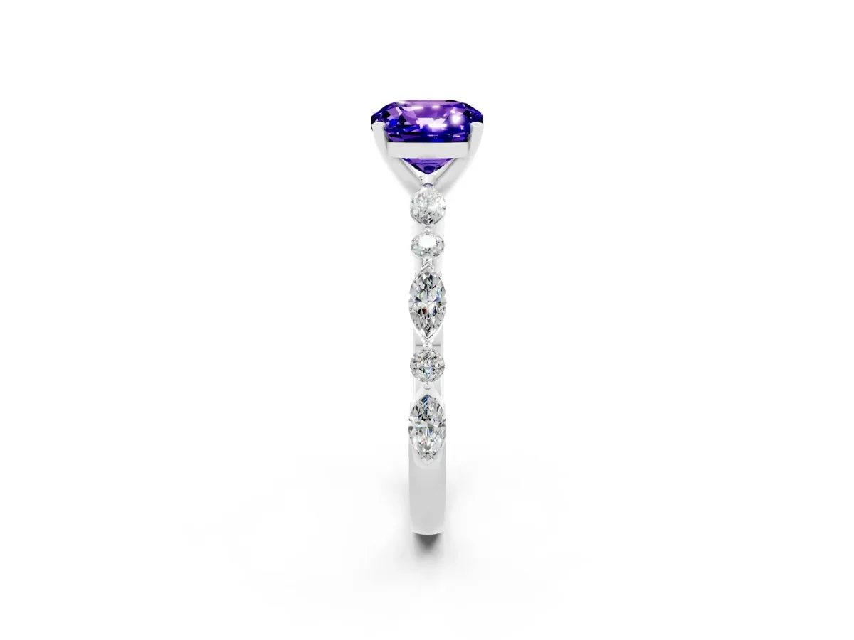 Cushion Cut Tanzanite Ring with Marquise and Round Side Stones and Four-Prong Setting Silver