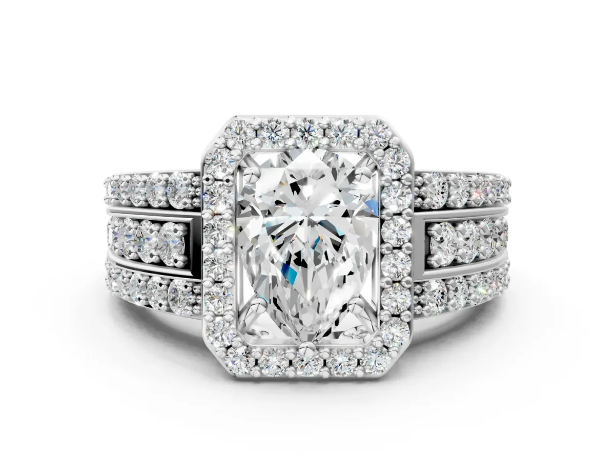 Pear Cut Halo Diamond Ring with Round Moissanite Split Shank and Prong Setting Silver