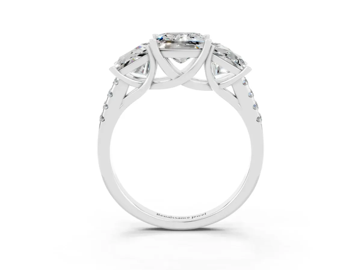 Three-Stone Princess Cut Moissanite Ring with Round Pavé Band and Prong Setting Silver
