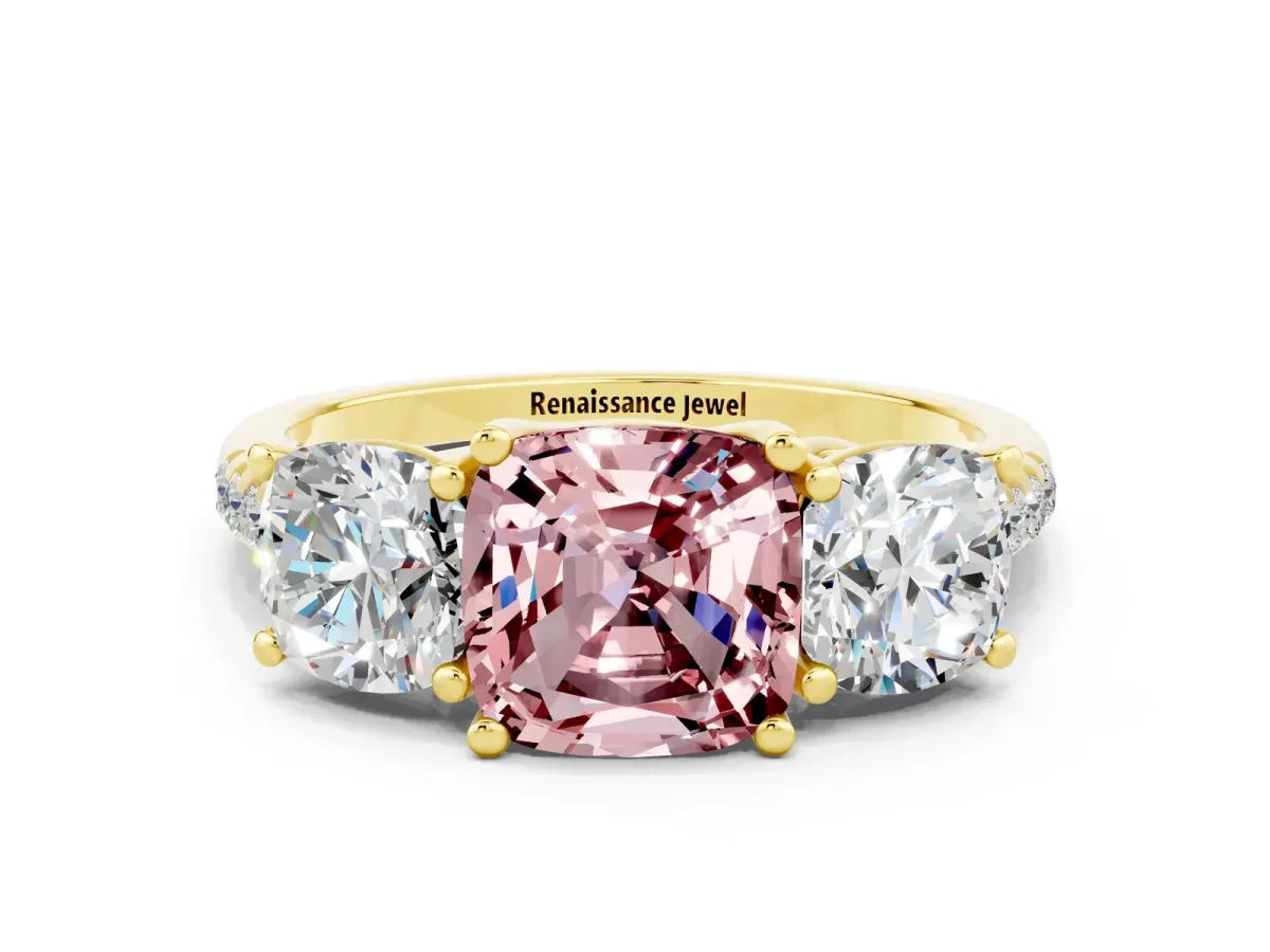 Three-Stone Cushion Cut Morganite Ring with Round Pavé Band and Prong Setting Yellow gold