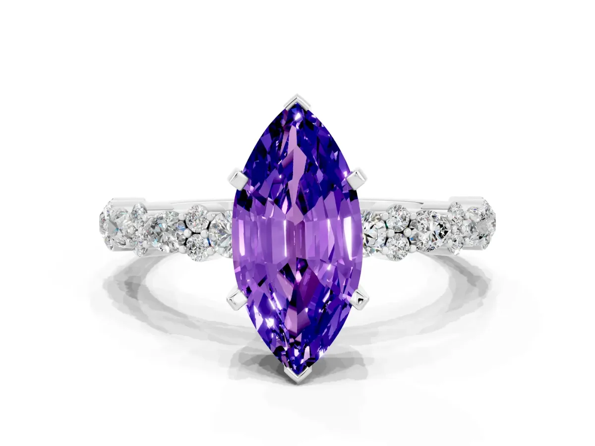Marquise Cut Tanzanite Side Stone Solitaire Ring with Round and Four-Prong Setting White gold