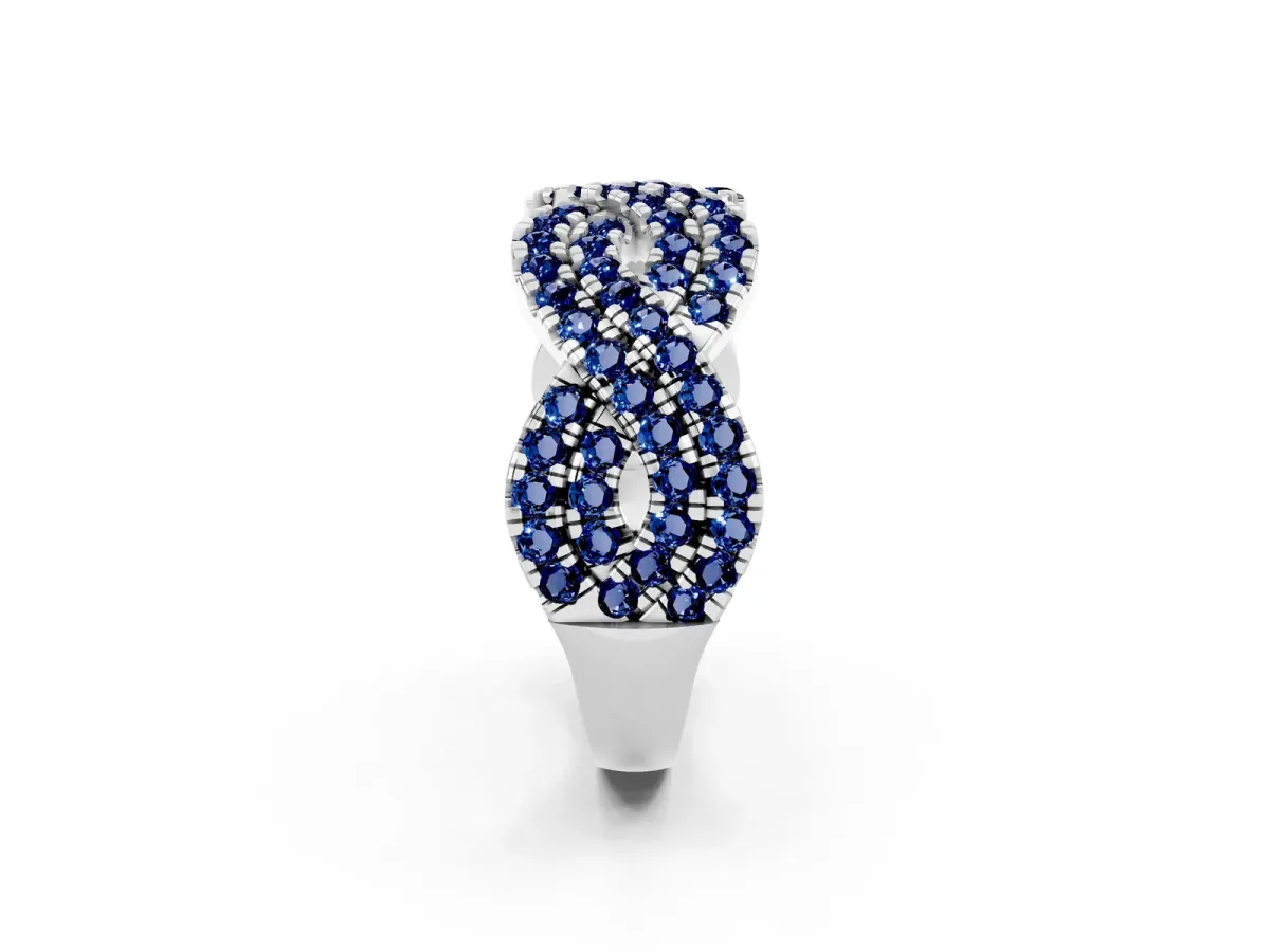 Pavé Round Blue Sapphire Infinity Twist Band with Shared Prong Setting White gold