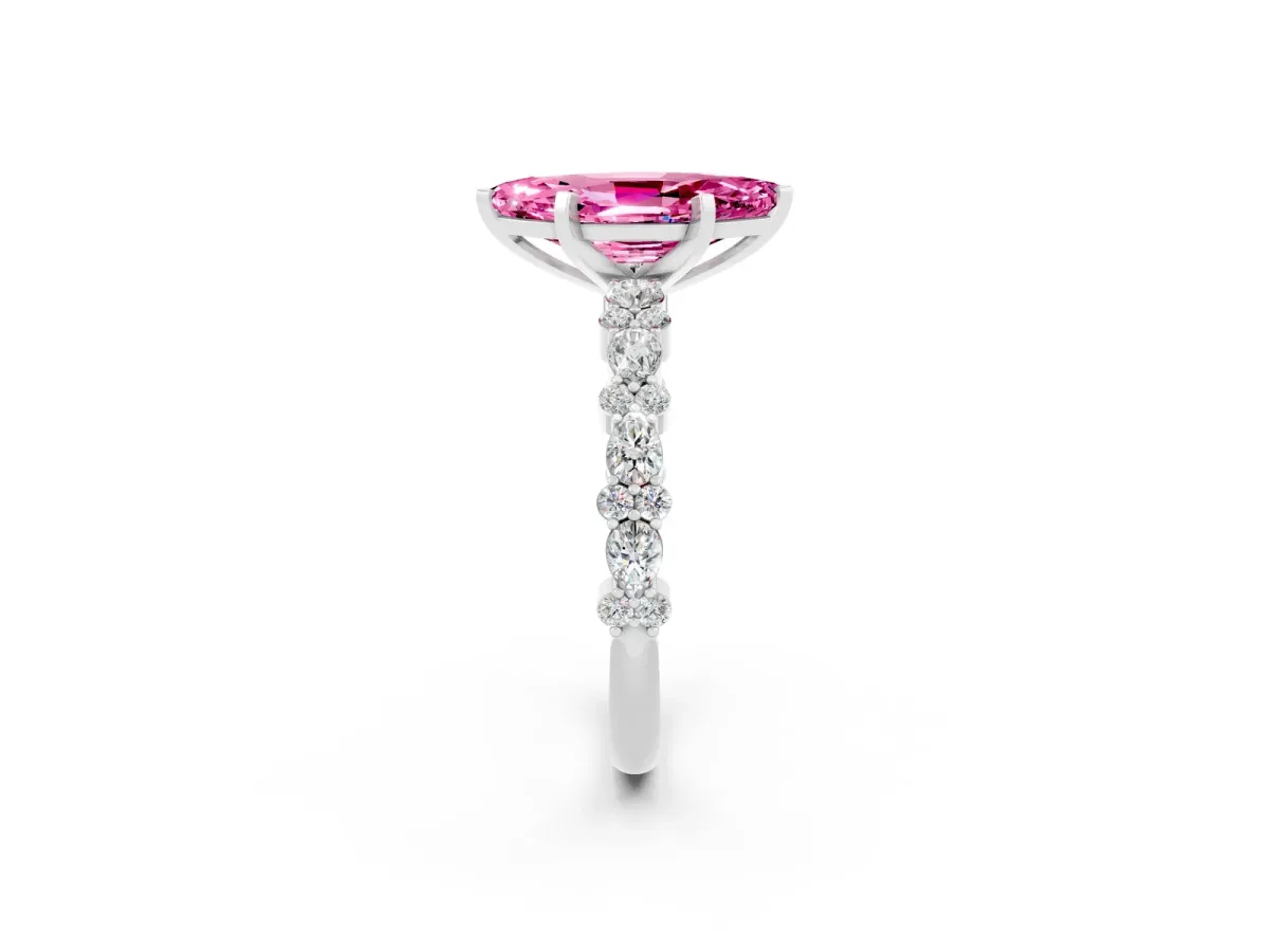 Marquise Cut Pink Sapphire Side Stone Solitaire Ring with Round and Four-Prong Setting White gold