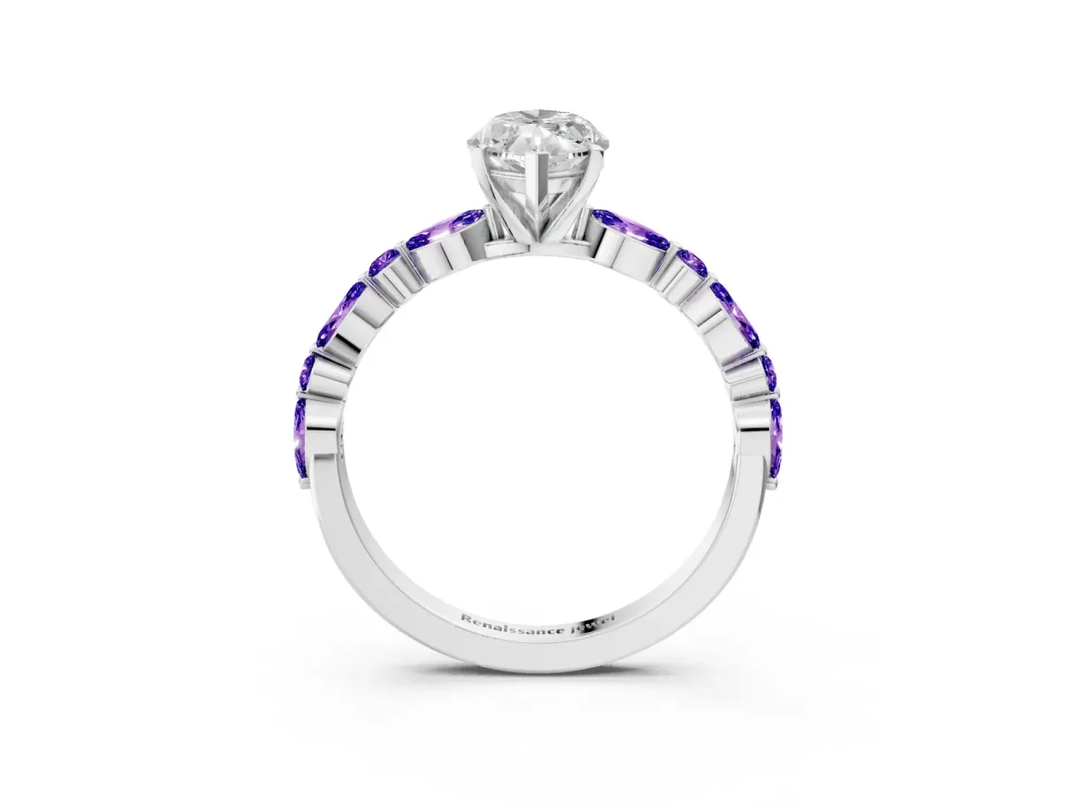 Marquise Cut Diamond Ring with Marquise and Round Tanzanite Side Stones and Four-Prong Setting Platinum