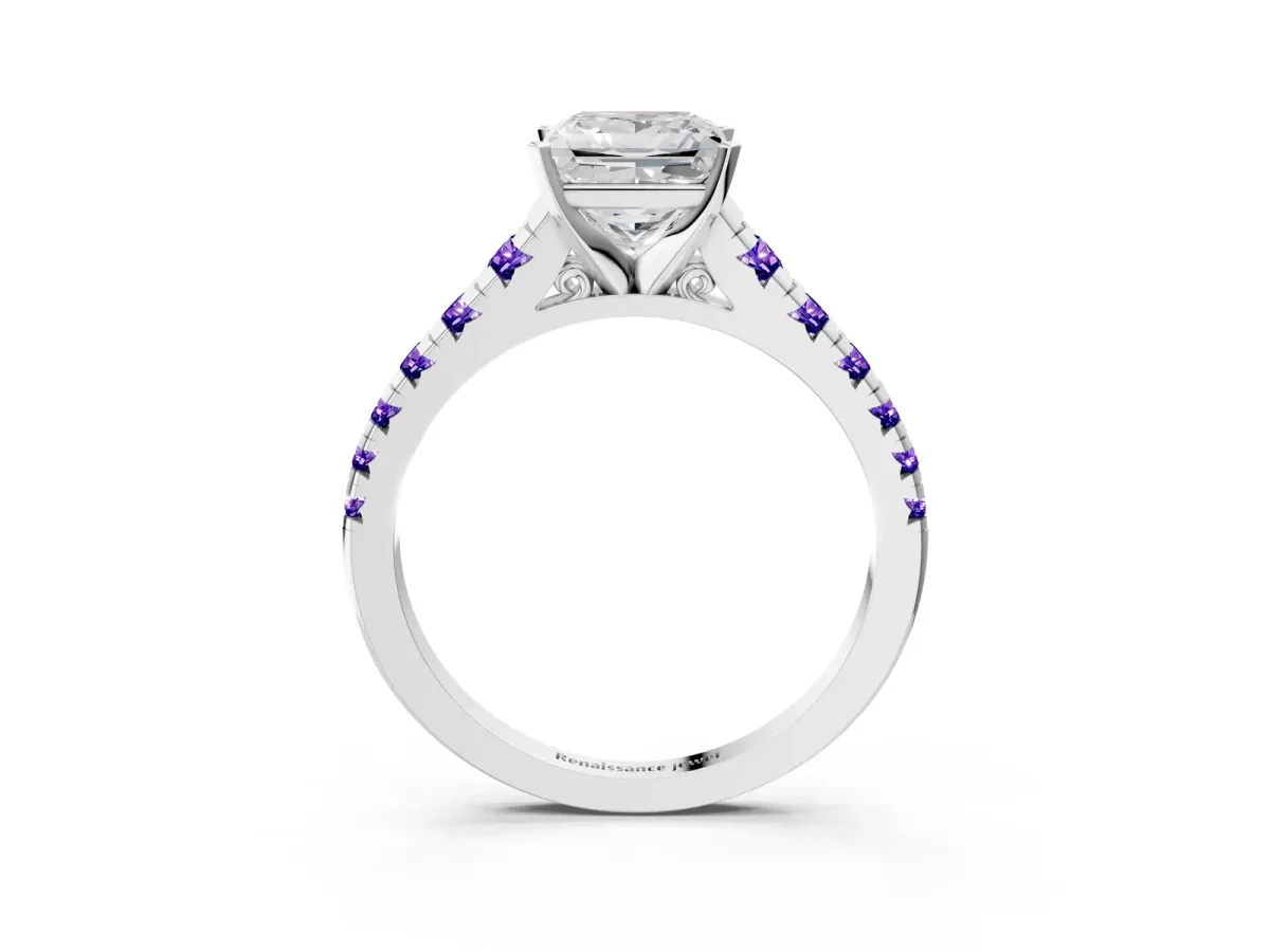 Princess Cut Diamond Cathedral Solitaire Ring with Round Tanzanite Pavé Band Platinum