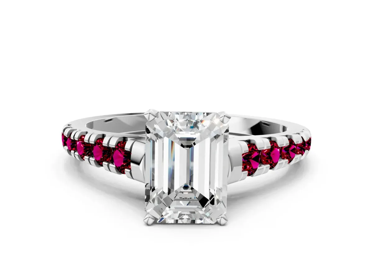 Emerald Cut Diamond Cathedral Solitaire Ring with Round Garnet Pavé Band Silver