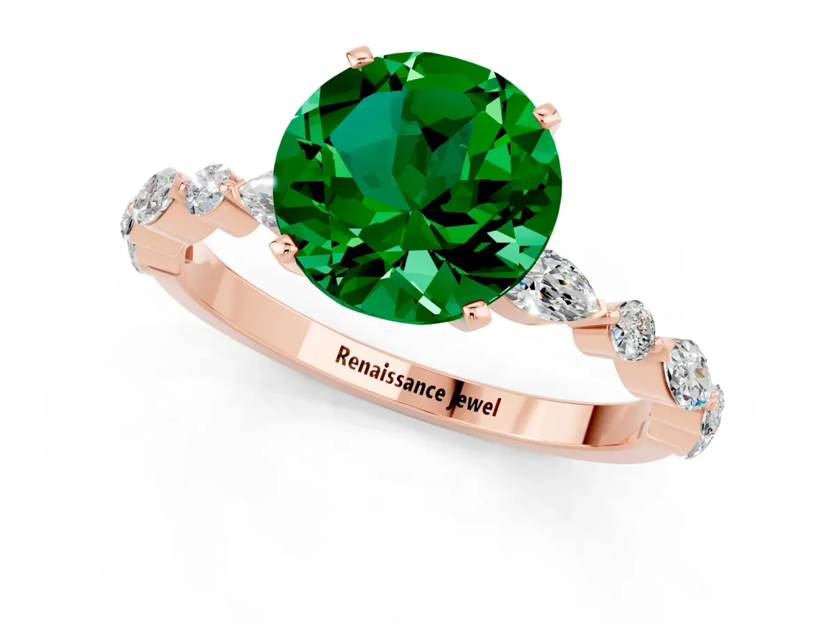 Round Cut Emerald Ring with Marquise and Round Side Stones and Four-Prong Setting Rose gold