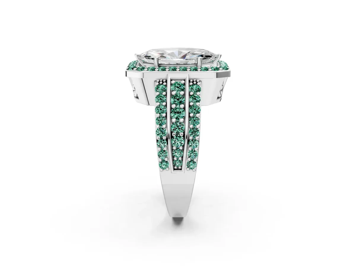 Marquise Cut Halo Diamond Ring with Round Green Sapphire Split Shank and Prong Setting Silver