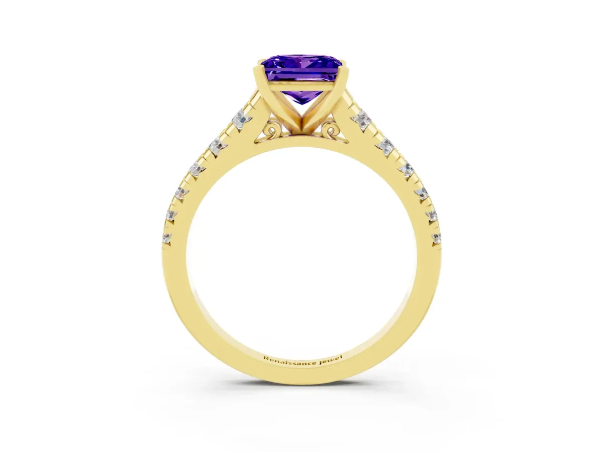 Princess Cut Tanzanite Cathedral Solitaire Ring with Round Pavé Band Yellow gold